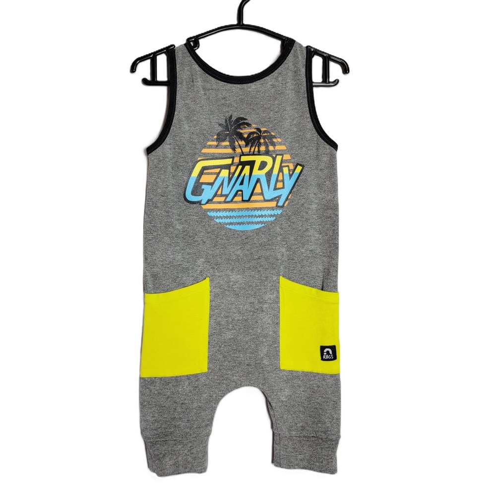 Rags Gnarly Palm Tree Graphic Tank Romper Gray Yellow 6-12 Months Sleeveless